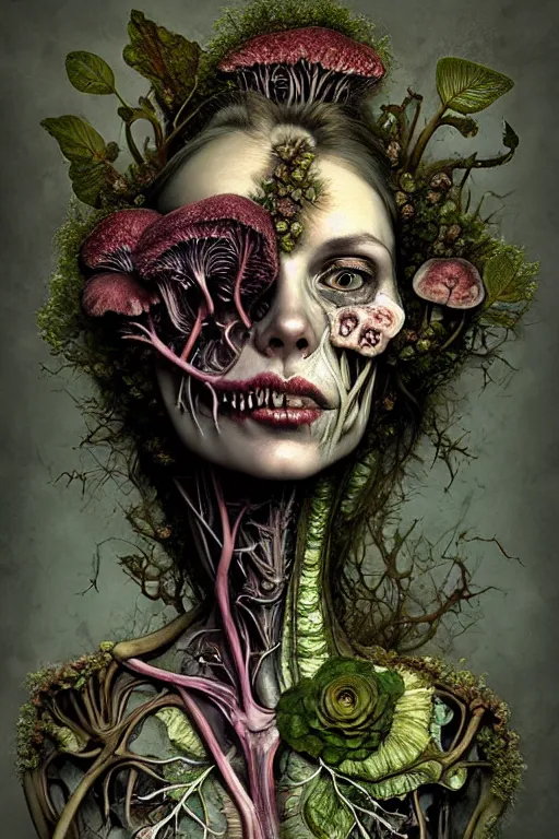 Image similar to very sad and detailed rotten woman corpse with fractal plants and fractal flowers and mushrooms growing around, face muscles, veins, arteries, bones, anatomical, intricate, ornate, surreal, ray caesar, john constable, guy denning, dan hillier