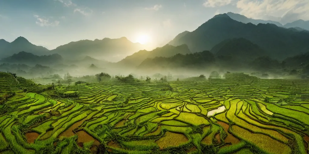 Image similar to Photo of terrace paddy field of Chinag Mai with several village and rolling mountain at the background, wide angle, volumetric light, fog, mist, morning, hyperdetailed, light water, artstation, cgsociety, 8k