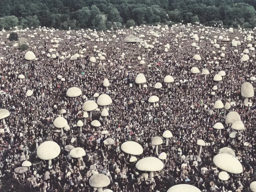 Image similar to trippy 70s photograph of hippy festival woodstock with giant mushrooms