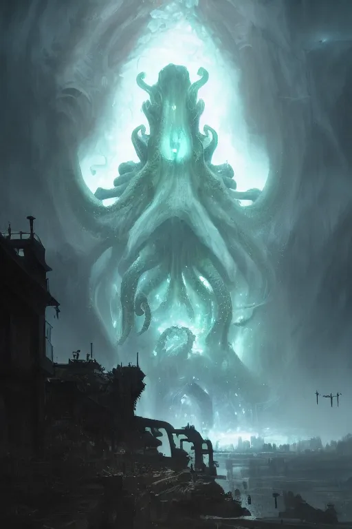 Image similar to cthulhu, huge, towering, gigantic, high octane, 8 k, digital art, magic the gathering, mtg, by greg rutkowski, trending on artstation