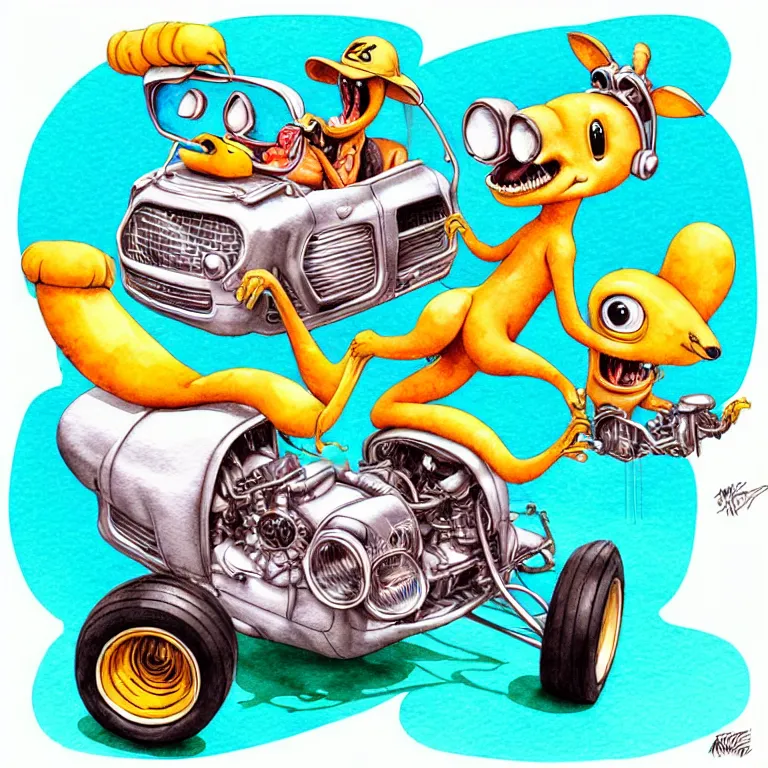 Prompt: cute and funny, kangaroo wearing a helmet riding in a hot rod with oversized engine, ratfink style by ed roth, centered award winning watercolor pen illustration, isometric illustration by chihiro iwasaki, edited by range murata, tiny details by artgerm and watercolor girl, symmetrically isometrically centered, sharply focused