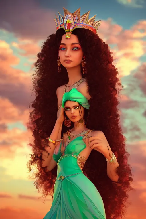 Prompt: dreamy beautiful persian egyptian princess in colorful clouds and smoke, green eyes, red dress, long black curly hair, smiling in awe wearing a diamond tiara, face, highly detailed, artstation, concept art, sharp focus, hyper realistic, octane render, unreal engine, 8 k