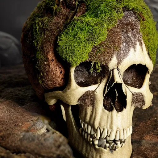 Prompt: A skull being covered in moss, with a projector beam emitting from the left eye socket, the skull has wisps of smoke surrounding it, rear view cinematic lighting