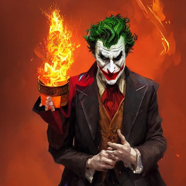 Image similar to joker as a firebender, portrait, elegant, intricate, digital painting, artstation, concept art, smooth, sharp focus, illustration, art by konstantin korovin and daniel f. gerhartz and john howe