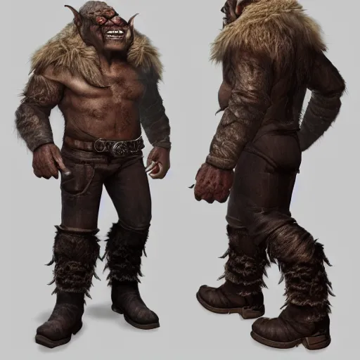 Image similar to A full body shot of a handsome orc looking into the camera wearing a leather fur jacket and boots, full body shot, detailed face, artstation, realistic, highly detailed, symmetrical, hyper realistic, dynamic pose, high detail, octane render, unreal engine, 8k, fantasy art, highly detailed, concept art, art by greg rutkowski