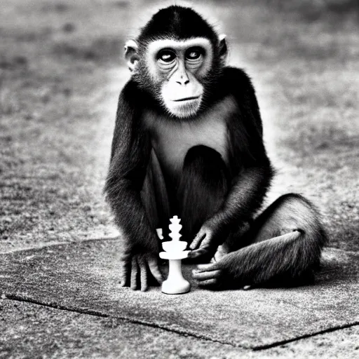 Image similar to black and white portrait photo of a monkey playing chess in a park by annie liebovitz,