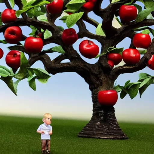 Prompt: miniature tim cook eating apple inside a giant apple tree