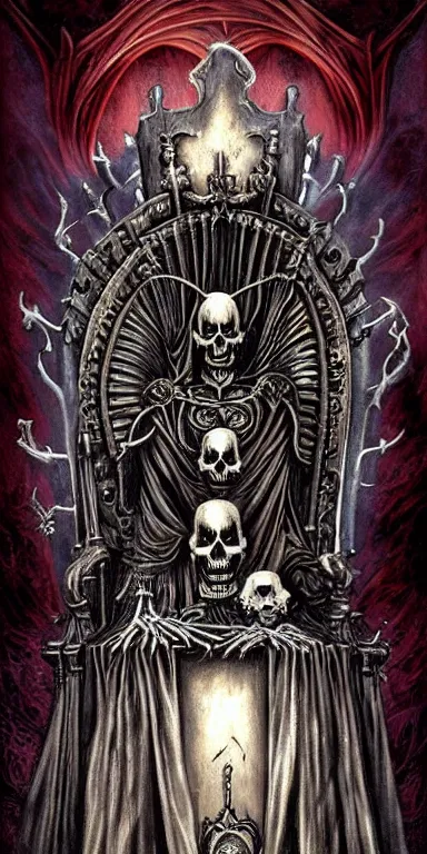 Prompt: skeleton sitting on a throne, poster art by Anne Stokes, behance contest winner, gothic art, tarot card, macabre, darksynth by tomasz alen kopera and Justin Gerard, symmetrical features, ominous, magical realism, texture, intricate, ornate, royally decorated, skull, skeleton, whirling smoke, embers, red adornements, red torn fabric, radiant colors, fantasy, trending on artstation, volumetric lighting, micro details, 3d sculpture, ray tracing, 8k, anaglyph effect Ayami Kojima, Amano, Karol Bak, Greg Hildebrandt, and Mark Brooks, neogothic art, detailed, trending on Artstatio, darksynth