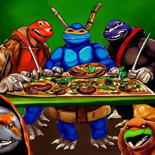 Image similar to ninja turtles last supper, pizza everywhere, painterly