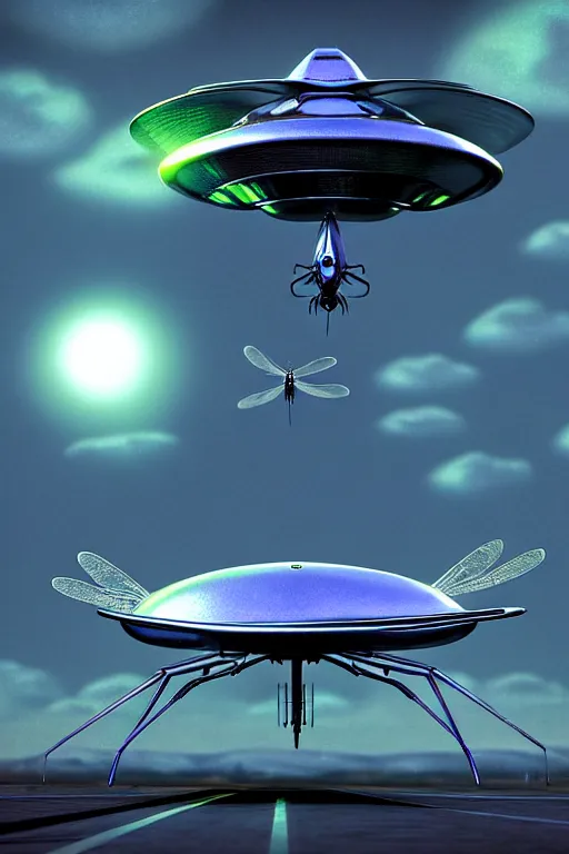 Image similar to a hyperrealistic vray rendering of a dragonfly metallic ufo aircraft vehicle technology, cinematic horror by chris cunningham, lisa frank, richard corben, highly detailed, vivid color,