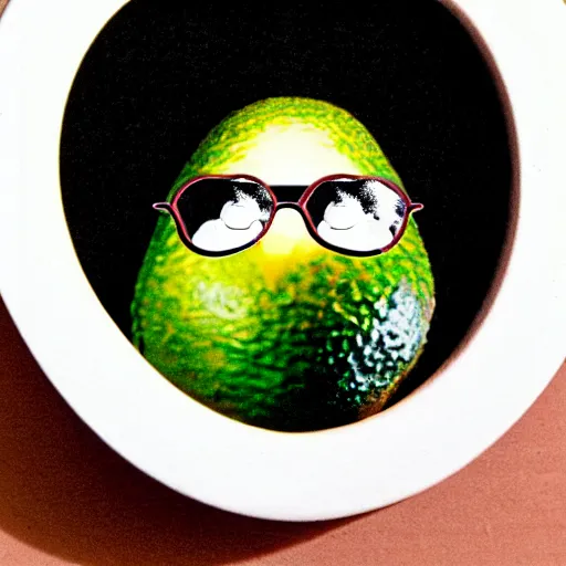 Image similar to bob ross as an embryo inside an avocado