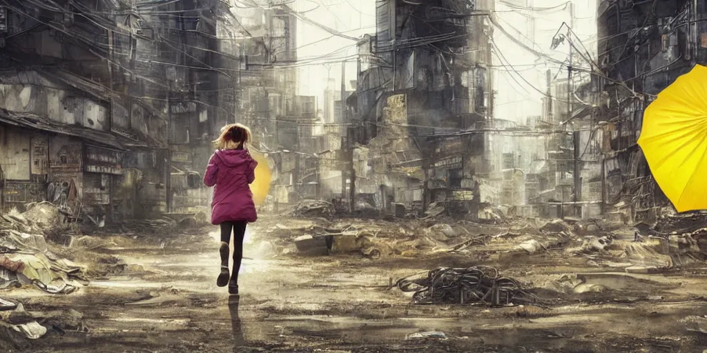 Prompt: backlit distant shot of girl in a parka running from a giant robot invasion side view, yellow parasol in deserted dusty shinjuku junk town, incredible wide screenshot, ultrawide, simple watercolor, rough paper texture, ghost in the shell movie scene, broken vending machines, bold graphic graffiti, old pawn shop, bright sun bleached ground, mud, fog, dust, windy, scary robot monster lurks in the background, ghost mask, teeth, animatronic, black smoke, pale beige sky, junk tv, texture, brown mud, dust, tangled overhead wires, telephone pole, dusty, dry, pencil marks, genius party, shinjuku, koji morimoto, katsuya terada, masamune shirow, tatsuyuki tanaka hd, 4k, remaster, dynamic camera angle, deep 3 point perspective, fish eye, dynamic scene