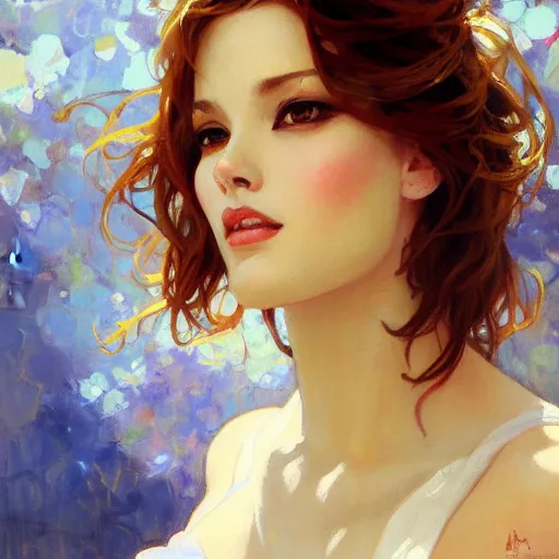 Prompt: painted portrait of a beautiful woman by artgerm, gil elvgen, greg manchess, mucha