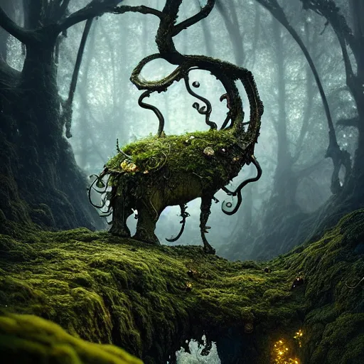 Image similar to ancient fallen god, lush trunda vegetation, snow :: by Michal Karcz, Daniel Merriam, Victo Ngai and Guillermo del toro :: ornate, dynamic, particulate, intricate, elegant, highly detailed, centered, artstation, smooth, sharp focus, octane render, 3d