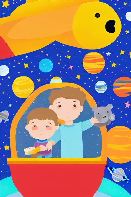 Prompt: a beautiful boy in pajamas and a bear, next to them a ship in the form of a space rocket in the background a galaxy full of stars, a planet full of holes, magic world. colorful, children's book cover