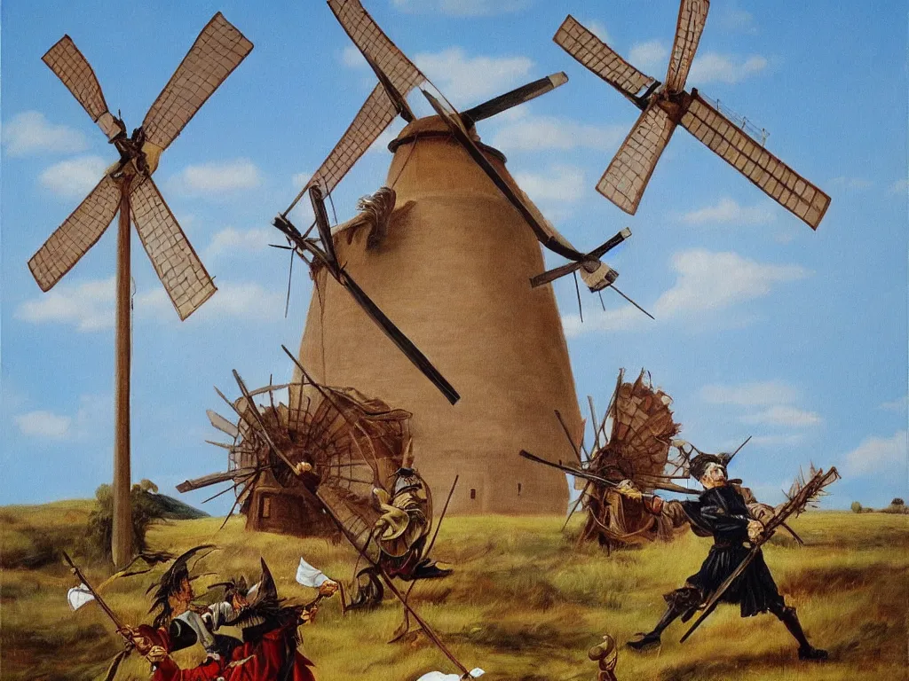 Image similar to oil painting of don quijote attacking a windmill, hyperrealism, highly detailed, pre - raphaelite style