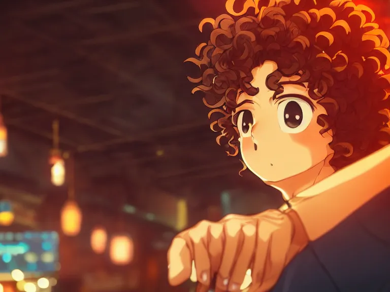 Image similar to close - up anime still of ( ( charming!!!!! latino middle - aged anime protagonist with curly afro and moustache!!! tilting his head charmingly ) late night in an anime bar, cozy lights, detailed orange atmosphere. cinematic rim lighting, global illumination, trending on artstation, hypdertailed, perfect shading, dreamy, masterpiece