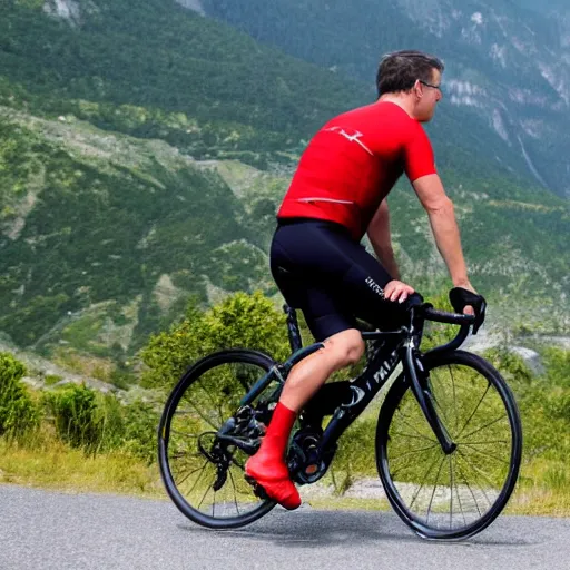 Prompt: matt damon cycling on a mountain road