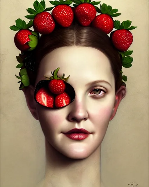 Image similar to beauty portrait, drew barrymore, strawberries, headgear leaves, wild berries, by tom bagshaw, greg rutkowski, ilya kuvshinov, craig mullins, intricate background. sharp focus, award winning, luminous