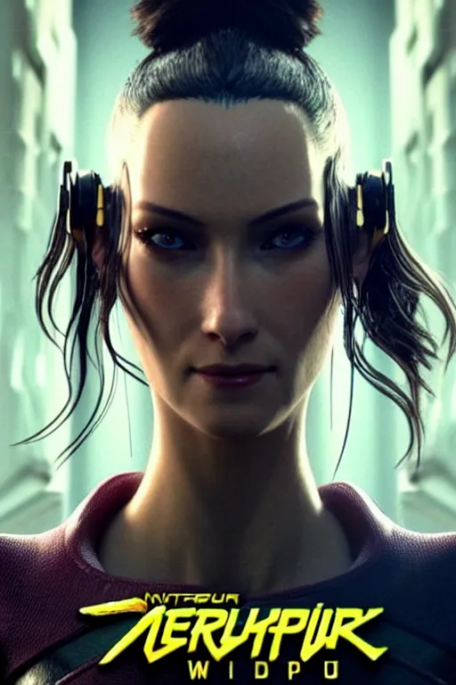 Image similar to A film still of beautiful woman as a character in cyberpunk 2077, highly detailed, digital painting, artstation, concept art, sharp focus, illustration, cinematic lighting, art by artgerm and greg rutkowski and alphonse mucha diffuse lighting, fantasy, intricate, elegant, highly detailed, lifelike, photorealistic, digital painting, artstation, illustration, concept art, smooth, sharp focus, art by John Collier and Albert Aublet and Krenz Cushart and Artem Demura and Alphonse Mucha