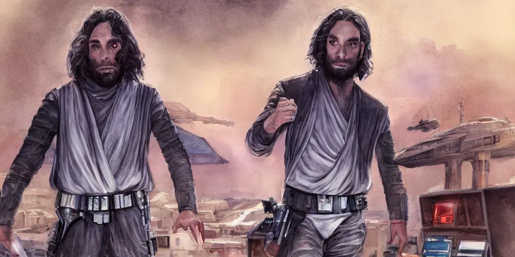 Image similar to a realistic star wars watercolor fantasy concept cart of chris d'elia as a drug dealer in a sleazy futuristic city of coruscant, hq, 4 k