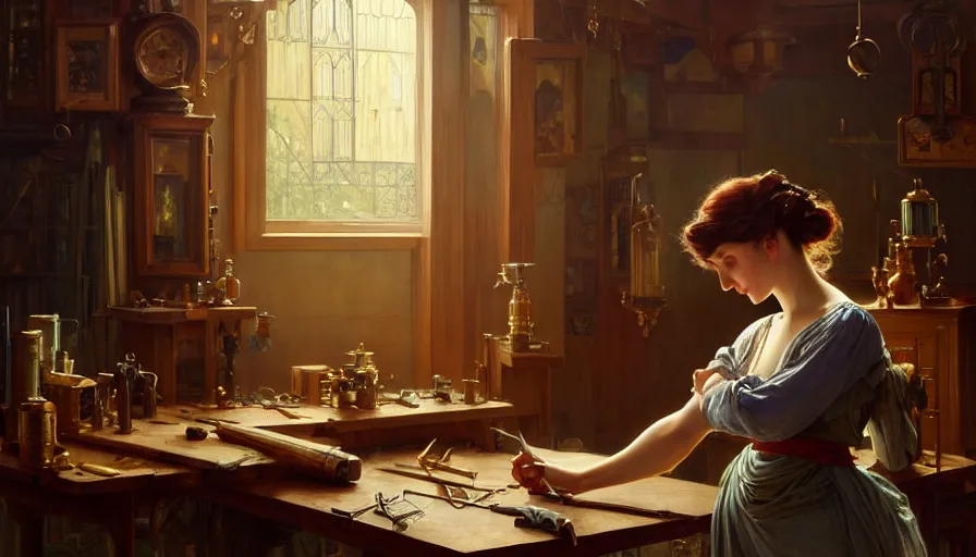 Prompt: highly detailed oil painting | very intricate | cinematic lighting | award - winning | craftsman | building a piece of furniture in their workshop | by charlie bowater, by greg rutkowski, by j. c. leyendecker and edmund blair leighton, beautiful cinematic light, american romanticism, by alphonse mucha, artstation, cgsociety, official art, octane