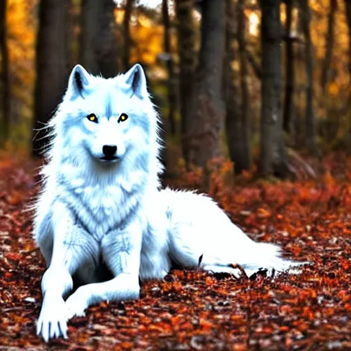 Image similar to a beautiful long - haired white wolf with blue eyes stands in a dormant autumn forest, no yellow color in eyes, no yellow color