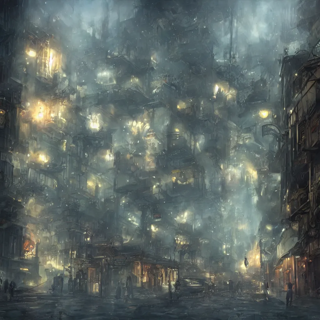 Prompt: steam punk city under attack, concept art, magic, light rain