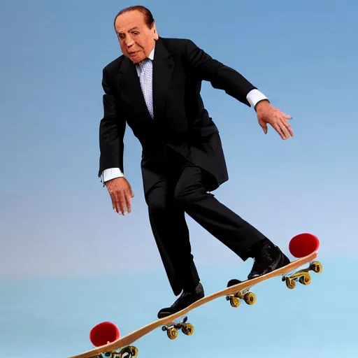 Prompt: High resolution!! Silvio Berlusconi doing skateboard tricks, hyperrealistic, 8K, Cinematic