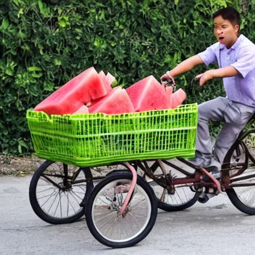 Image similar to a tricycle full of watermelons, an asian boy fell asleep in the car, summer