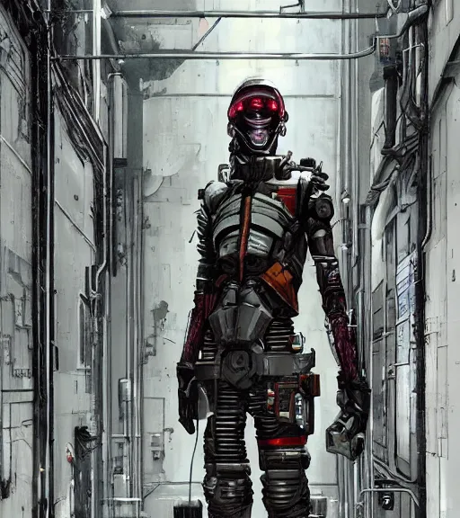 Image similar to realistic cyberpunk engineer with long limbs in a hallway, techwear, dead space, visible face, Industrial Scifi, detailed illustration, character portrait, by Ashley Wood and Moebius