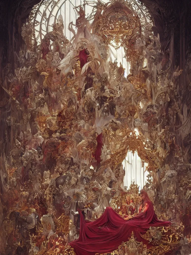 Prompt: a huge ivory throne with abominations kneeling in front of it, red tones, highly coherent, ultra realistic, concept art, intricate details, eerie, highly detailed, photorealistic, octane render, 8 k, unreal engine. art by artgerm and greg rutkowski and alphonse mucha