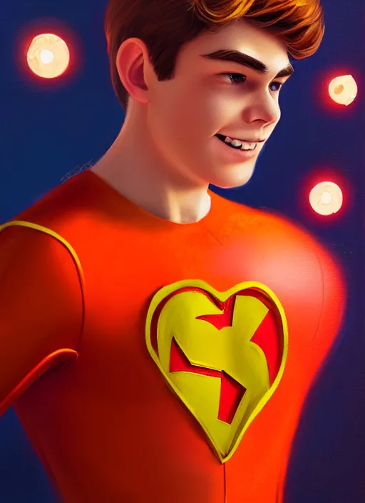 Image similar to friendly teenage archie andrews wearing an orange superhero costume with heart logo, freckles, superhero costume, heart emblem on chest, cape, intricate, elegant, glowing lights, highly detailed, digital painting, artstation, sharp focus, illustration, art by wlop, mars ravelo and greg rutkowski