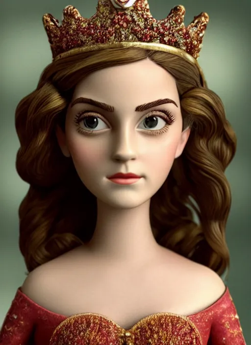 Image similar to closeup face profile portrait of tin toy emma watson as a fairytale princess wearing a crown eating cakes, bikini, depth of field, zeiss lens, detailed, symmetrical, centered, fashion photoshoot, by nicoletta ceccoli, mark ryden, lostfish, breathtaking, 8 k resolution, extremely detailed, beautiful, establishing shot, artistic, hyperrealistic, octane render