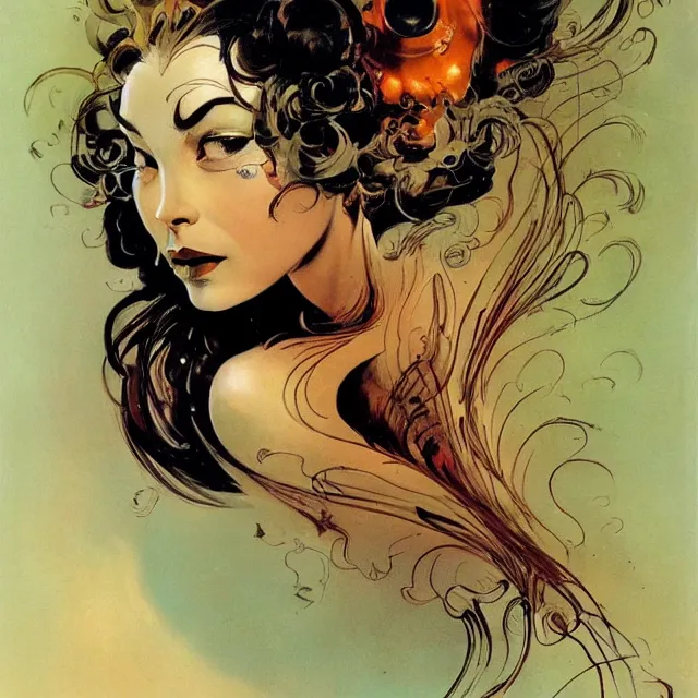 Image similar to portrait of a woman with swirling hair and fractal skin by frank frazetta, retrofuturism, psychedelic art reimagined by industrial light and magic