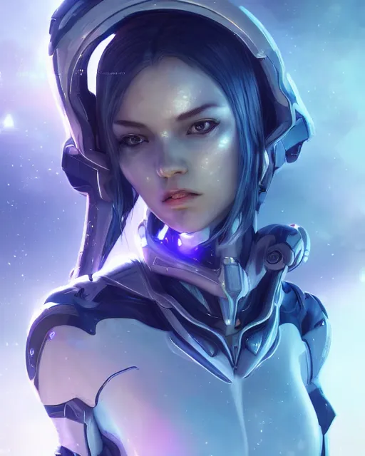 Image similar to perfect android girl on a mothership, warframe armor, beautiful face, scifi, futuristic, galaxy, nebula, raytracing, dreamy, long white hair, blue cyborg eyes, sharp focus, cinematic lighting, highly detailed, artstation, divine, by gauthier leblanc, kazuya takahashi, huifeng huang