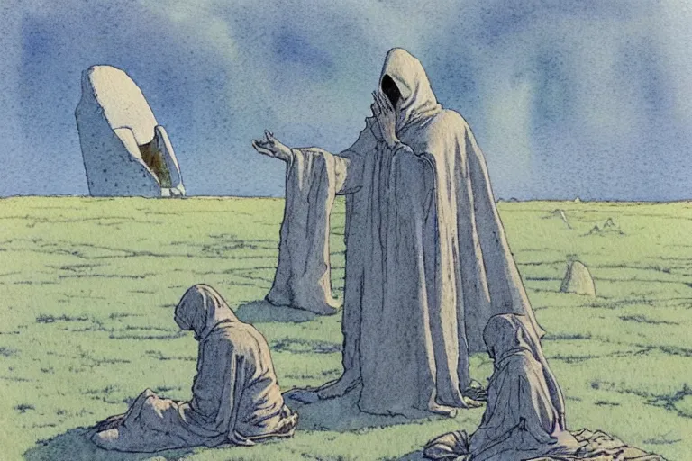 Prompt: a realistic and atmospheric watercolour fantasy concept art of a ufo landing in a massive stonehenge. medieval monk in grey robes on his knees praying. a crescent in the sky. muted colors. by rebecca guay, michael kaluta, charles vess and jean moebius giraud