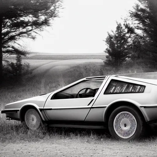 Image similar to a monochromatic sepia photograph of a delorean in a pioneer caravan on the oregon trail, trending on art station,