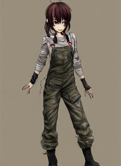 Image similar to full body pose, hd, manga anime portrait of a beautiful woman in combat boots and overalls, in ishikawa ken style detailed trending award winning on flickr artstation,