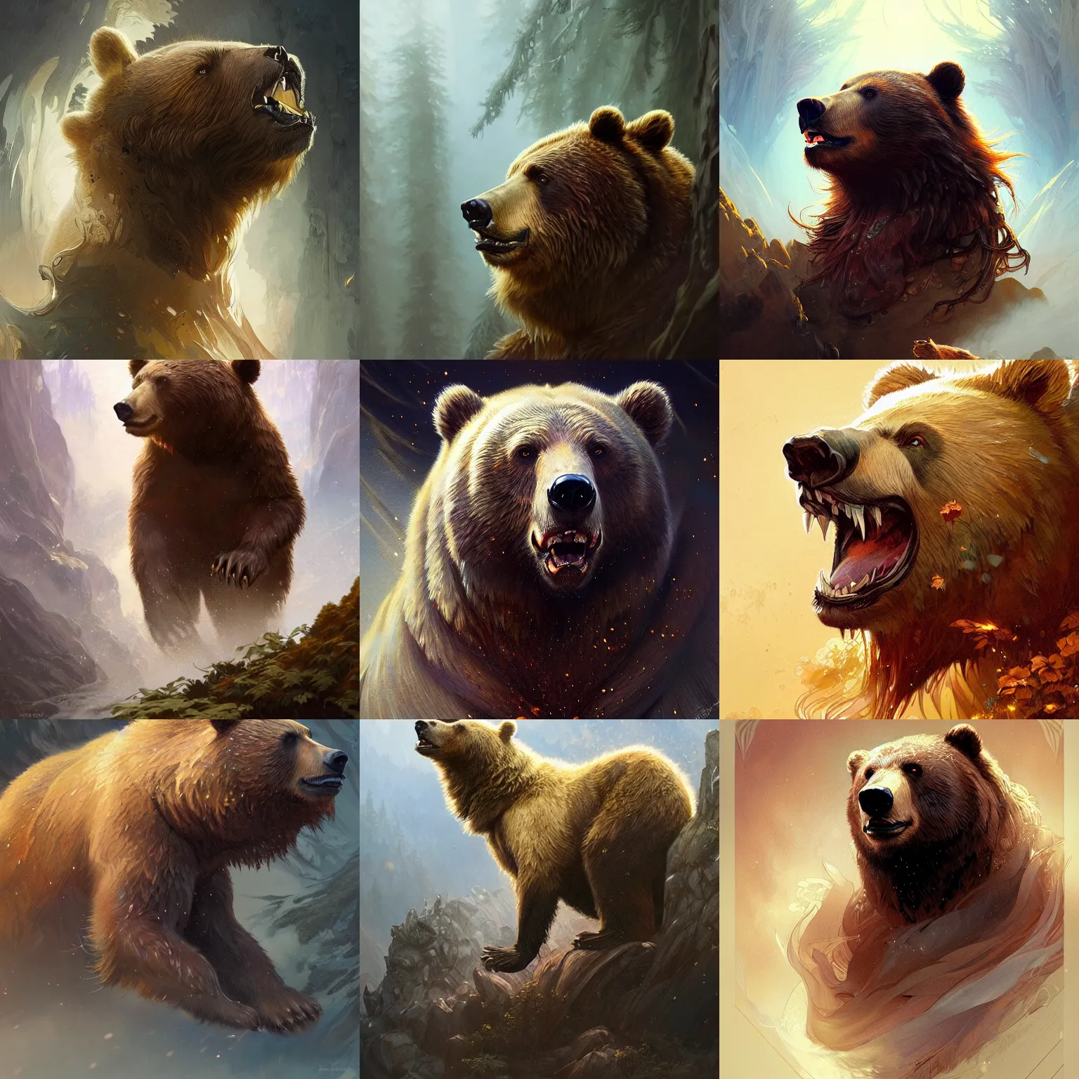 Prompt: picture of a bear roaring, fantasy, intricate, elegant, highly detailed, digital painting, artstation, concept art, smooth, sharp focus, illustration, art by artgerm and greg rutkowski and alphonse mucha