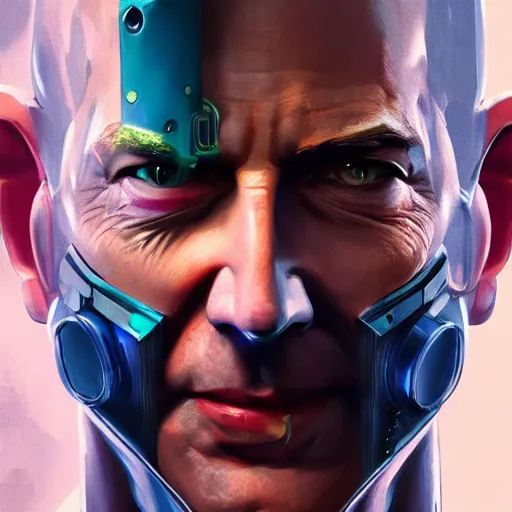 Image similar to front view, vicious, crazy laughing portrait of Jeff Bezos as a cyberpunk 2077 loading screen, symmetry, ominous, intricate, studio, art by anthony macbain + greg rutkowski + alphonse mucha, concept art, 4k, sharp focus