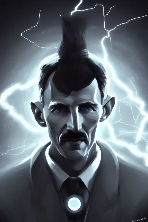 Image similar to nikola tesla, male, lightning, portrait, sharp focus, digital art, concept art, dynamic lighting, epic composition, subsurface scattering, trending on artstation, by emylie boivin 1. 0, rossdraws 2. 0