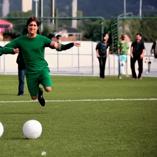 Prompt: tom cruise playing soccer in green jersey