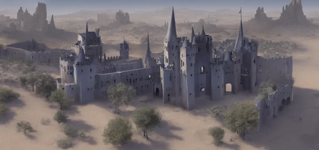 Prompt: A digital concept art painting of a dark blue medieval european ghotic castle in desert, 4K UHD image, unreal engine