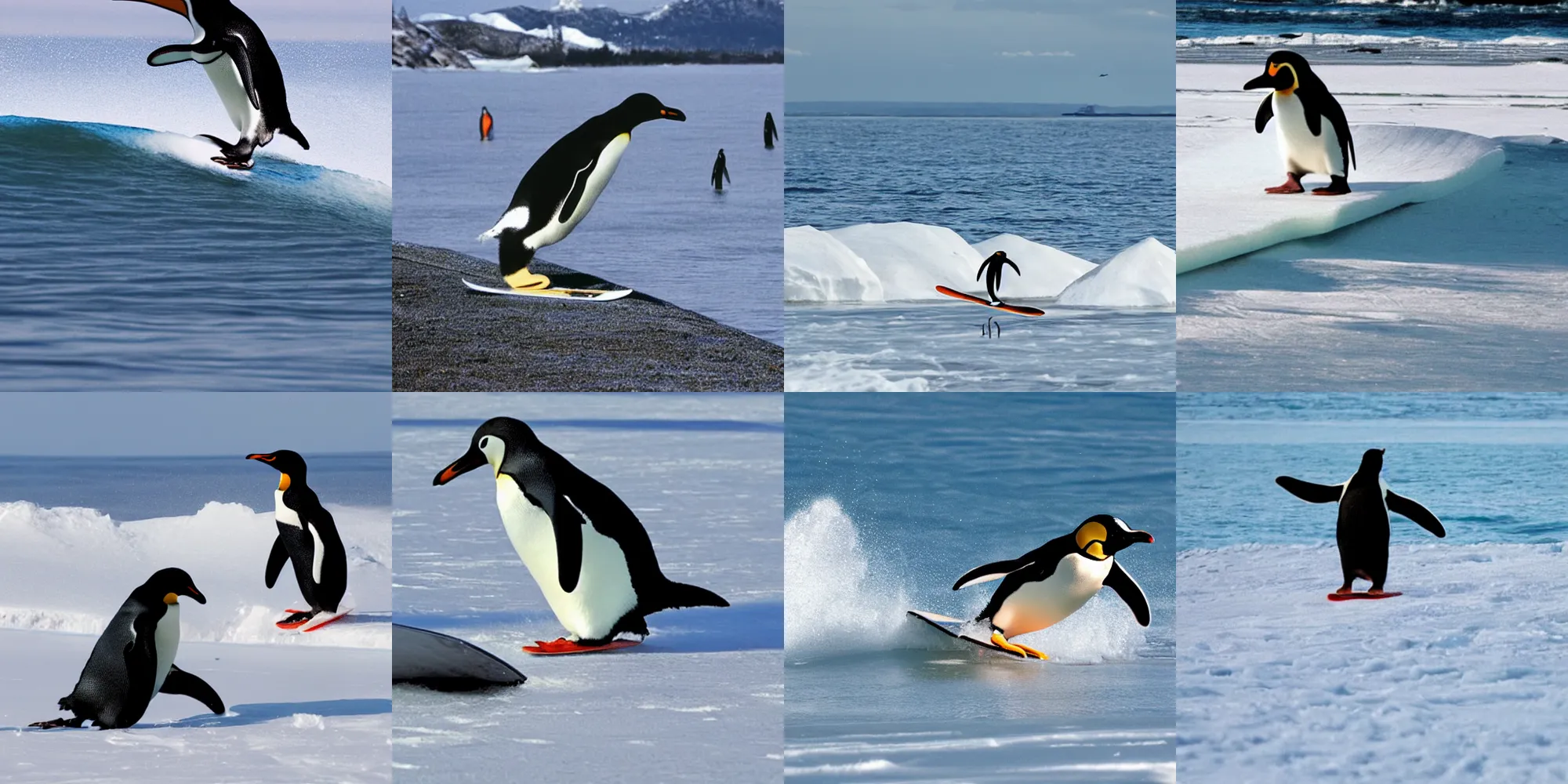 Prompt: penguin surfing with snowboard