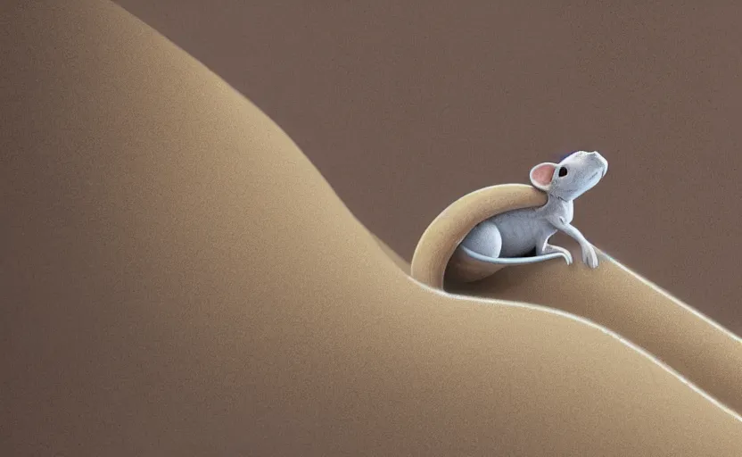 Image similar to scifi concept art, a small desert mouse riding on the back of the giant sandworm, macro focus, pixar animation