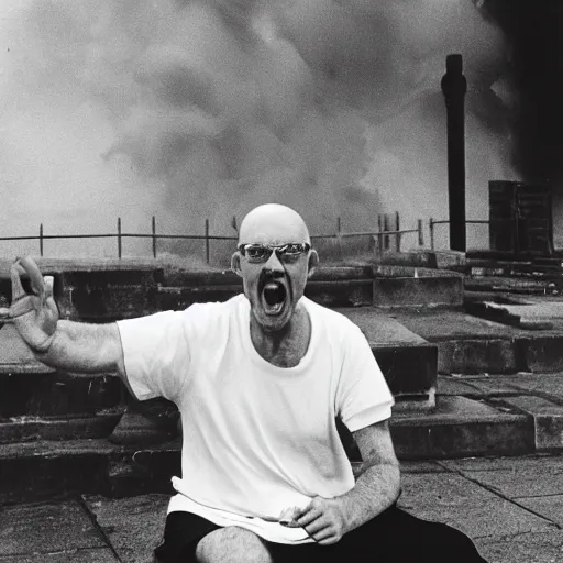 Prompt: completely solid white black and white bald man with stubble and glasses and his mouth wide open in excitement, sitting down in front of a temple, engulfed in flames, 3 5 mm photograph, 1 9 6 3 black and white photograph