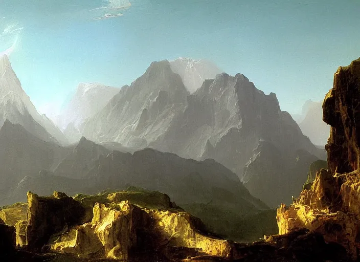 Image similar to painting of a brutalist structure in front of beautiful mountains by thomas cole