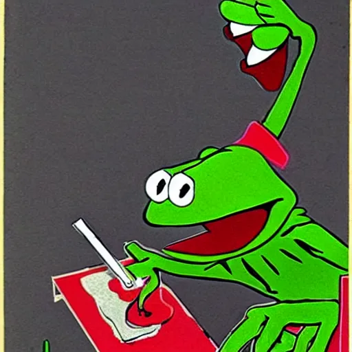 Prompt: kermit the frog on a drug and alcohol fueled binge, cigaretts, flames, hookers,