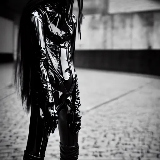 Prompt: fashion photography of a genderless alien model, full body, futuristic dark fashion, photo 3 5 mm leica, hyperdetail, berghain, 8 k, very detailed, black and white